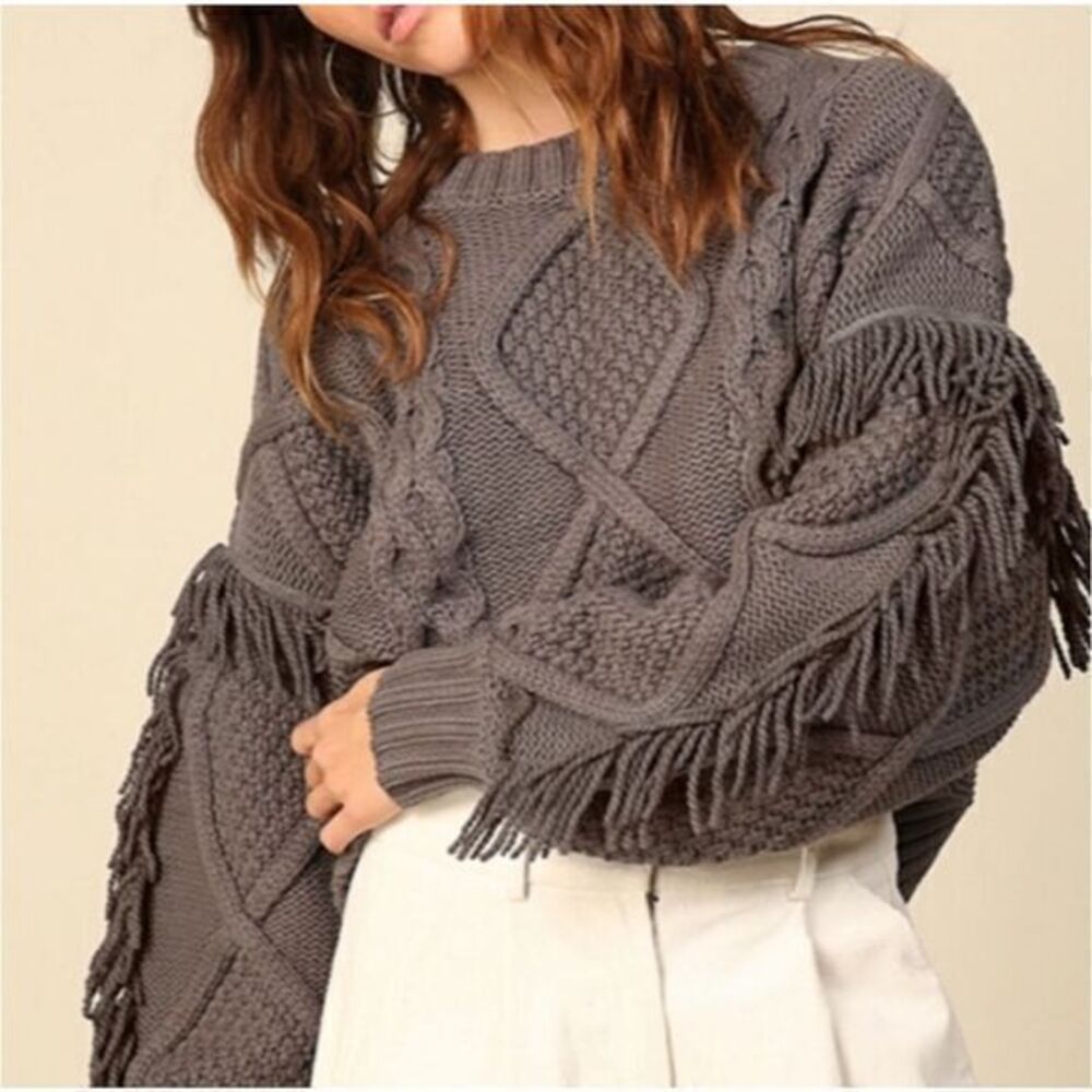 Line & Dot Sweater XS Gray Chunky Cropped Knit Jasper Fringe Anthropologie Women